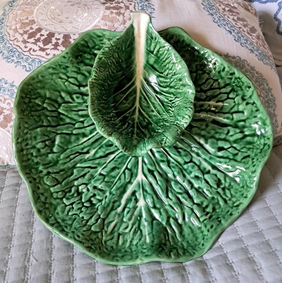 Vintage SECLA PORTUGAL Emerald Green Cabbage Serving Platter Attached Dip Bowl - Picture 2 of 15